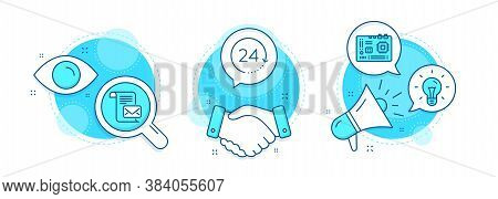 Mail Letter, 24 Hours And Motherboard Line Icons Set. Handshake Deal, Research And Promotion Complex
