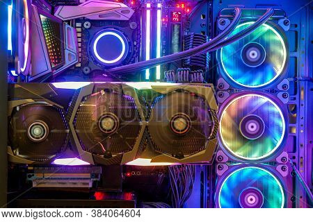 Close-up And Inside Desktop Pc Gaming And Cooling Fan Cpu With Multicolored Led Rgb Light Show Statu