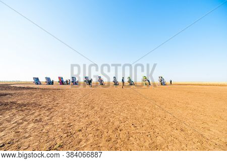 Amarillo Usa - September 14  2015; Cadillac Ranch Route 66 Roadside Attraction Of  Old Cars Standing
