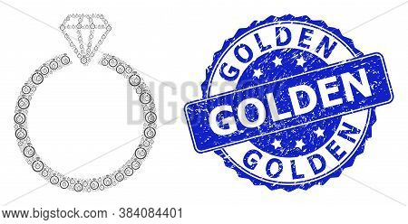 Golden Rubber Round Seal And Vector Recursive Mosaic Diamond Ring. Blue Stamp Seal Includes Golden T