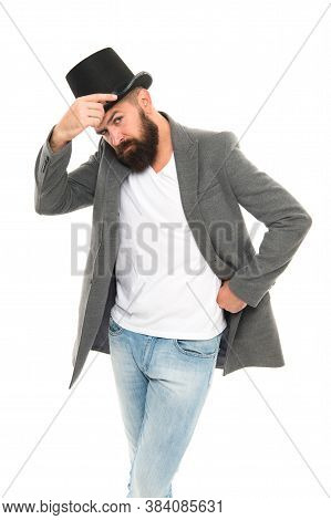 Street Performance. Man Bearded Guy Magician. Magic Trick Performance Concept. Circus Magic Trick Pe