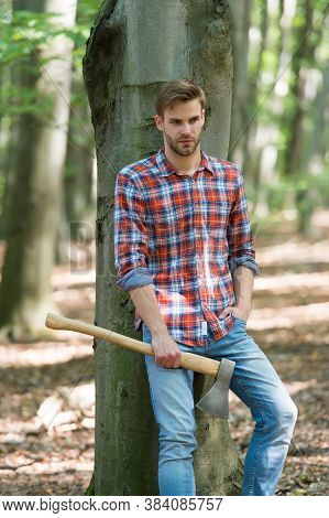 Relax After Work. Spend Picnic Weekend In Forest. Man Ready For Splitting Wood And Cutting Firewood 