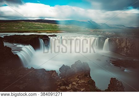 Godafoss Waterfall In Iceland, Summer Natural Travel Background