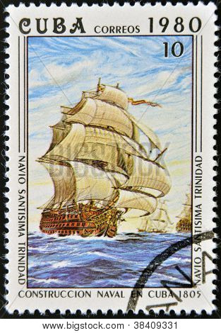 Kuba - cca 1980: Známka vytištěna v loděnici na Kubě ukazuje stavbu lodí cca 1980
