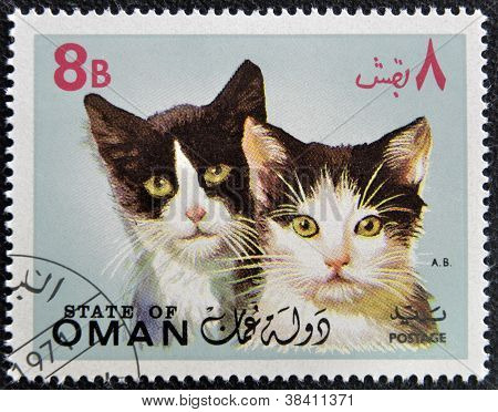 OMAN - CIRCA 1971: stempel gedrukt in Oman, toont twee zwart-witte kat, circa 1971