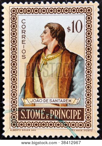 Svatý Tomáš a Princův ostrov - cca 1980: Razítka v Sao Tome ukazuje Joao de Santarem cca 1980