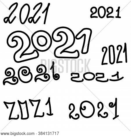 2021 Lettering Set, Hand Lettering In Black In Various Styles, Volumetric And Narrow Numbers For Des