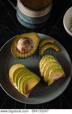 Healthy Vegetarian Breakfast On The Table - Avocado Sandwiches, Coffee