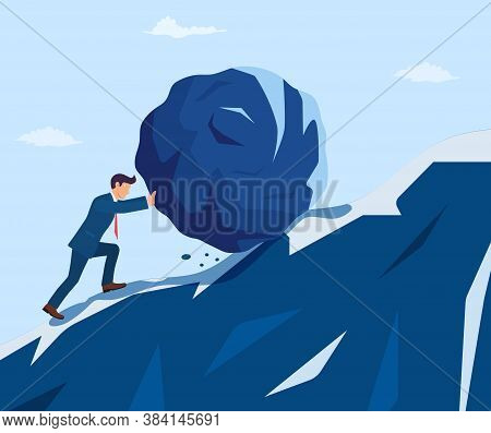 Businessman Pushing Huge Stone Up The Hill. Business Problem Crisis Hardship And Burden Concept. Car