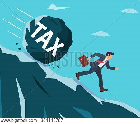 Businessman On Mountain Running Away From Big Tax Weight. Business Man With Briefcase And Wrecking B