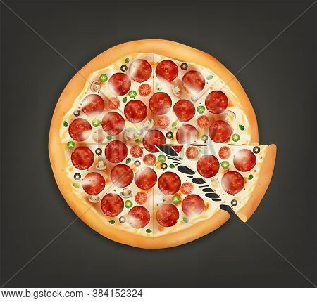 Realistic Detailed 3d Top View Of Delicious Pizza With Slice. Vector Illustration Of Fastfood Portio