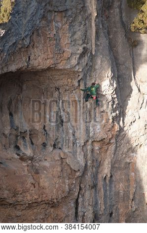 Climber in the Mascun ravine. Natural Park of the Mountains and Canyons of Guara. Huesca. Aragon. Spain.