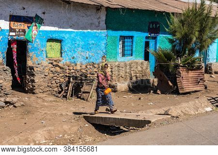 Gondar, Ethiopia - Feb 07, 2020: Ethiopian People On The Road From Gondar To The Simien Mountains, N