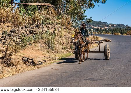 Gondar, Ethiopia - Feb 07, 2020: Ethiopian People On The Road From Gondar To The Simien Mountains, N