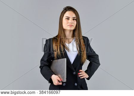 Woman Carry Modern Lightweight Portable Laptop, Feelance Worker Concept