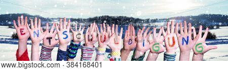 Children Hands Building Entschuldigung Means Apology, Snowy Winter Background