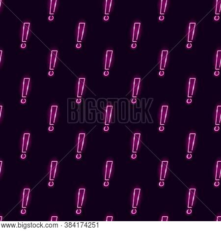 Neon Exclamation Mark Seamless Pattern With Pink Icons On Dark Background. Warning, Caution, Mportan