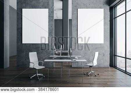 Concerete Coworking Office Hall With Two Empty Banners On Wall. Workplace And Corporate Concept. Moc