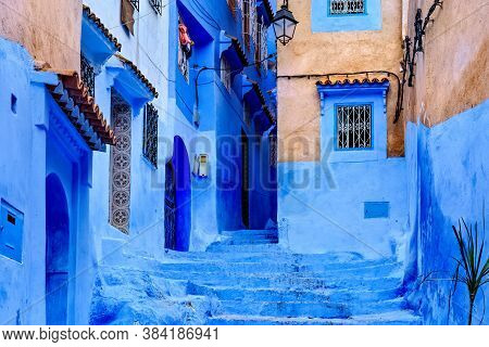 View Of The Blue Walls Of Medina Quarter In Chefchaouen, Morocco. The City, Also Known As Chaouen Is