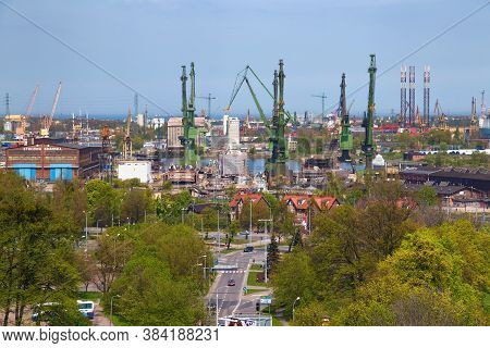 Gdansk, Poland - May 14, 2017: Harbor Cranes At The Stocznia Gdanska (famous Shipyard Of Gdansk) On 
