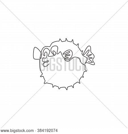 One Continuous Line Drawing Of Cute Pufferfish For Aquatic Logo Identity. Balloon Fish Mascot Concep