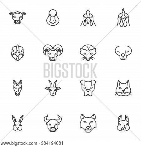 Animal Head Front View Line Icons Set, Outline Vector Symbol Collection, Animal Face Linear Style Pi