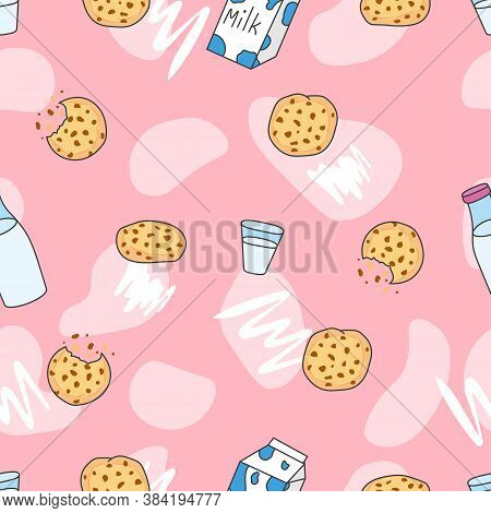 Seamless Pattern With Milk Bottle And Sweet Tasty Biscuit Cookies With Chocolate
Pieces, Editable Ve
