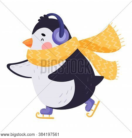 Adorable Penguin With Red Cheeks In Scarf Figure Skating Vector Illustration