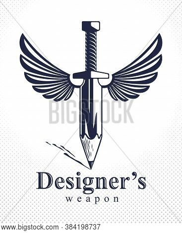 Idea Is A Weapon Concept, Weapon Of A Designer Or Artist Allegory Shown As Winged Sword With Pencil 