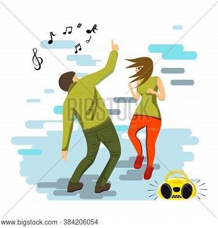 A Young Couple Is Dancing A Modern Dance. Flat Style. Vector Illustration