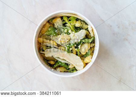 Take Away Healthy Organic Vegetable Food Sliced Artichoke With Broad Beans, Purslane Salad, Grated P