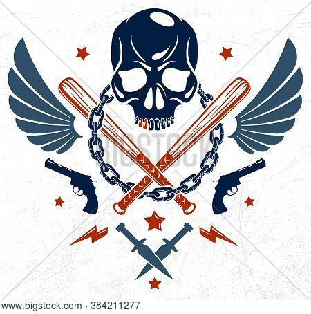 Gang Brutal Criminal Emblem Or Logo With Aggressive Skull Baseball Bats And Other Weapons And Design
