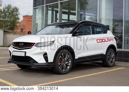 Russia, Izhevsk - August 14, 2020: Geely Showroom. New Modern Coolray Is Standing Near The Dealer Sh