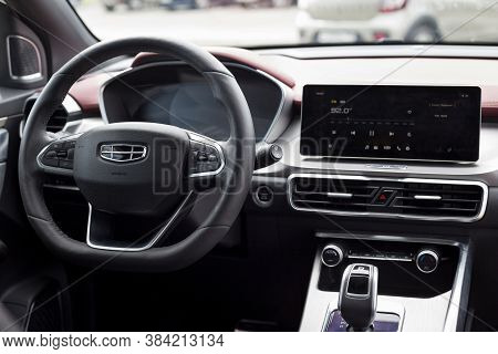 Russia, Izhevsk - August 14, 2020: Geely Showroom. Steering Wheel And Interior Of New Modern Coolray
