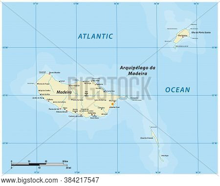 Vector Map Of The Portuguese Archipelago Madeira In The Atlantic Ocean, Portugal