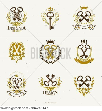 Old Turnkey Keys Emblems Set. Heraldic Vector Design Elements Collection. Retro Style Label, Heraldr