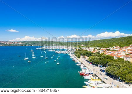 Marina In Town Of Punat On Krk Island, Kvarner Bay, Croatia, Aerial View From Drone