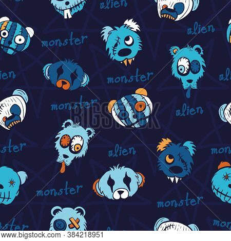 Vector Blue Teddies Aliens Dark Seamless Pattern
