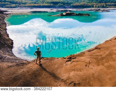 View From Above. Blue Waters Of The Former Tailing Dump In The Village Of Kavalerovo. Khrustalnensky