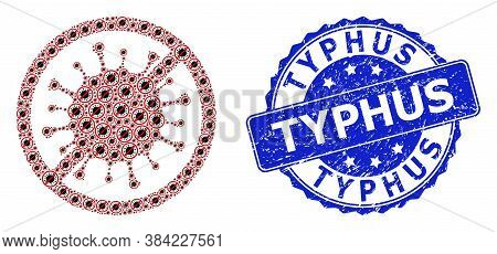 Typhus Grunge Round Seal And Vector Recursive Composition Stop Microbe. Blue Seal Has Typhus Caption