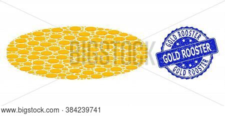 Gold Rooster Dirty Round Stamp Seal And Vector Recursive Collage Gold Disk. Blue Stamp Seal Has Gold