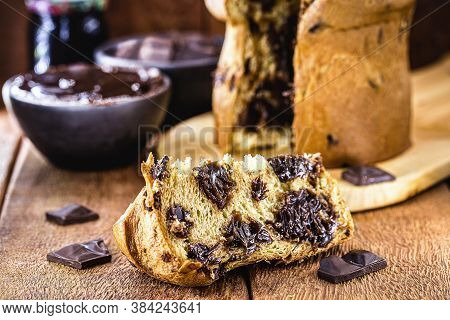 Slice Of Panettone, With Homemade Chocolate Chips. Typical Christmas Cake, Also Called Chocotone