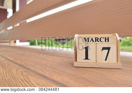 March 17, Number Cube With Wooden Balcony Background.