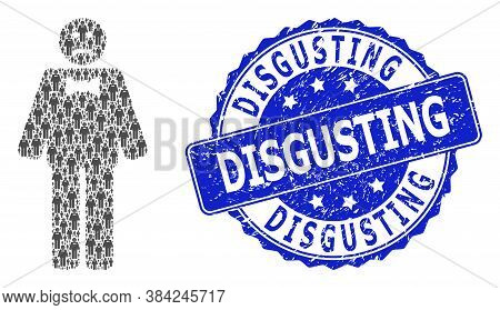Disgusting Scratched Round Seal Print And Vector Recursion Mosaic Sad Man. Blue Stamp Seal Includes 
