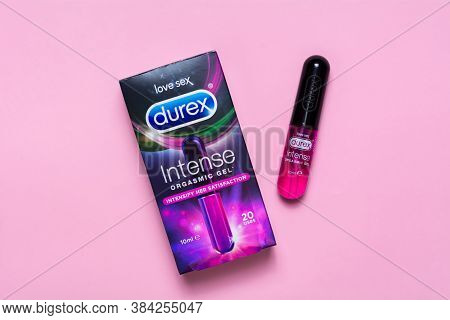Kyiv, Ukraine - 28 June 2020: Durex Intense Orgasmic Gel On A Pink Background. Health And Safe Sex.