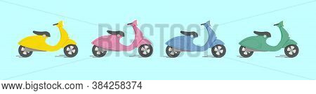 Vector Set Of Mopeds On An Isolated Background. Yellow Green Blue Pink Scooter. For Design Postcards