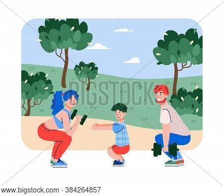 Family Doing Sports In Park Outdoors. Couple With Child Exersizing With Dumbbells Squatting Healthy 