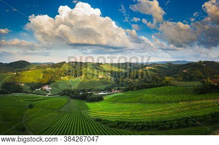 South Styria Vineyards Aerial Panorama Landscape, Near Gamlitz, Austria, Eckberg, Europe. Grape Hill