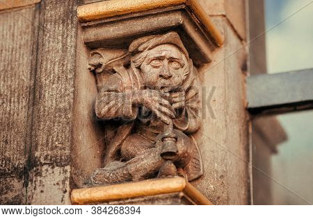 Bremen, Germany: Musicians Playing Music On Pipe, Sculpture On Column Of The15th Century Rathaus Bui