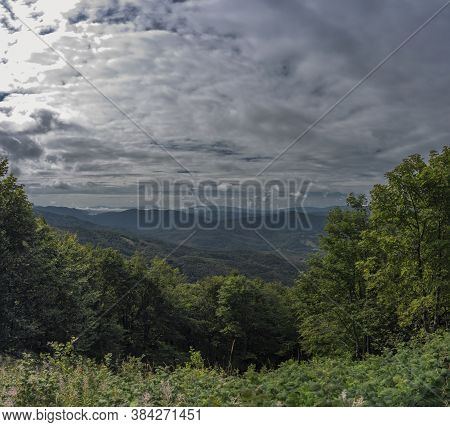 View From Ridge Of Poloniny National Park In Summer Cloudy Blue Sky Day